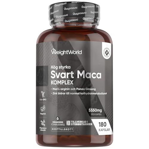 Maca-kapslar – 5550 mg per kapsel – 6 månaders förbrukning – Svart och gul maca-komplex med L-arginin, Panax ginseng, svartpeppar och zink – 180 kapslar – Kvinnor och män – Glutenfri – WeightWorld