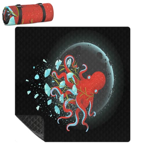Shimoshe Extra Large Picnic Blankets 79”x 79”, Space Octopus Waterproof Foldable Picnic Mat with Straps Portable Beach Blanket for Camping Park Grass Beach Indoor