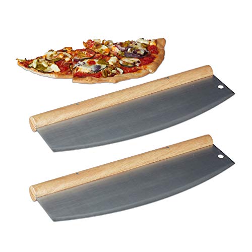 Relaxdays Pack De 2 Cortapizzas Originales Grandes, Acero Inoxidable Y Madera, Plateado, 12 X 35 Cm