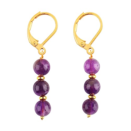 TGH Natural Amethyst Beads Leverback Earring Crystal Leverback Earring Gemstone Round Beads Energy Healing Crystals Birthday Gift for Her Jewelry Christmas Gift (Amethyst)