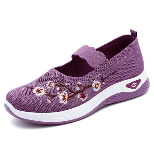 Womens Embroidered Flower Shoes Slip On Knit Flat Loafers Woven Orthopedic Casual Breathable Soft Sole Sneakers Arch Support Stretch Mesh Platform Comfortable Walking Nurse Shoe