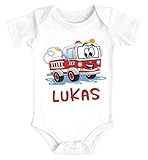 SpecialMe® Baby Body mit Namen Bedrucken Lassen Feuerwehr-Auto Namensgeschenke Kurzarm Bio Baumwolle weiß 12-18 Monate