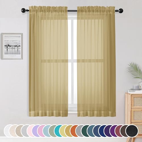 Image of OWENIE Gold Sheer Curtains, 63 Inch Length 2 Panels Set, Soft Voile Drapes for Living Room, Bedroom, Rod Pocket, 2pcs, Each 42 inch W x 63 inch L