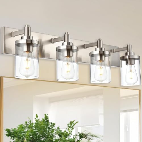 TULUCE 4-Light Bathroom Lighting Modern Brushed Nickel Vanity Light Fixture Over Mirror,E26 Base Industrial Wall Lamp with Clear Glass Shade Wall Sconce for Bathroom,Hallway, Makeup Dressing Table by TULUCE - Used condition - US$108.64