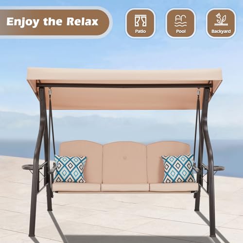 Image of ZZW 3-Seat Outdoor Porch Swing with Stand, Patio Swing with Canopy, 2 in 1 Porch Swing Bed & Patio Swing Chair for Adult, Yard Swing w /Extra Pillows and Cup Holder