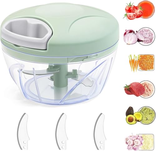 Manual Food Chopper Vegetable Cutter, 500 ml Food Processor/Onion Chopper, BPA Free Multi-Chopper with 3 Stainless Steel Blades for Vegetable Fruits Nuts