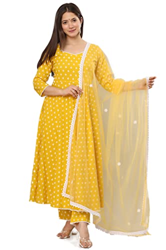 miss fame Women's Cotton Anarkali Kurta with Pants and Dupatta