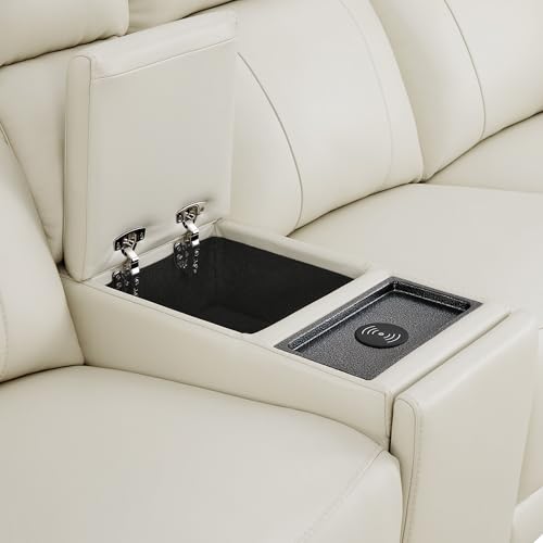 Image of CHITA Genuine Leather Power Recliner Sofa, 3 Seater with Console, Crean