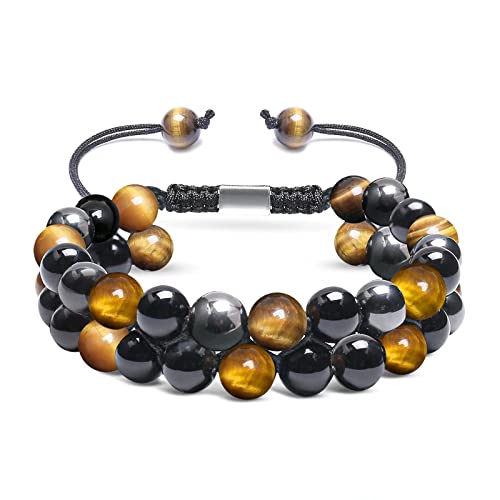 SuyeSuty Triple Protection Bracelet, Genuine Tigers Eye Black Obsidian and Hematite 8mm Beads Bracelet for Men Women