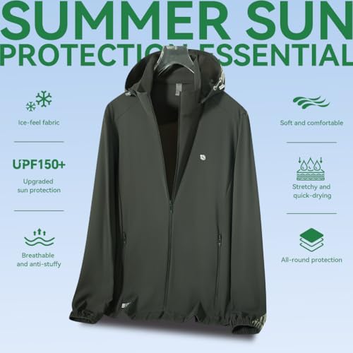 Image of Venzina UPF 150+ Sunscreen Jacket for Men, UV Sun Protection Jacket with Cool Feel Quick Dry Fabric, Sun Hoodie with Removable Hat & Zip Pocket for Driving, Camping, Riding