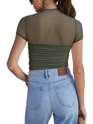 Image of REORIA Women's Sexy Mock Turtle Neck Short Sleeve Shirts Sheer Mesh Ruched Trendy Going Out Bodysuits Tops