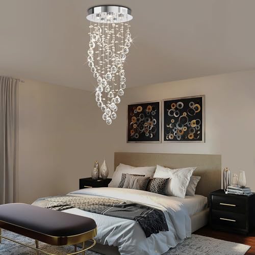 Image of Modern Luxury 6-Lights Spiral Raindrop Crystal Chandeliers for Dining Room, K9 Crystal Ball Flush Mount Ceiling Light Fixture for Living Room, Bedroom, Bathroom, Hallway, Staircase of CRYSTOP