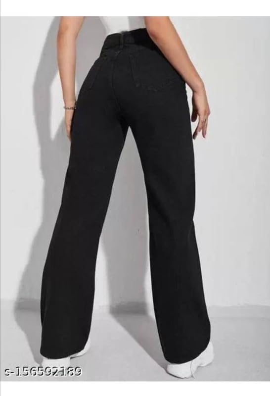 Image of Women's Cotton high-Waist Regular Fit Solid Straight Leg Jeans