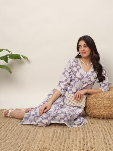 Image of FIORRA Women's Lavender Cotton Blend Printed Tunic with Pant Co-ords Set