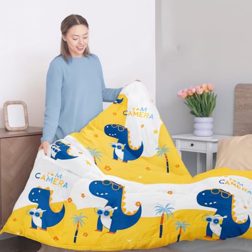 Image of 200 GSM 400 TC Kids Glace Cotton Reversible Cartoon Printed Double Bed King Size Comforter with Matching Bedsheet 90x100 Inches with 2 Pillow Covers Set of 4 Pieces- Blue Dinasour