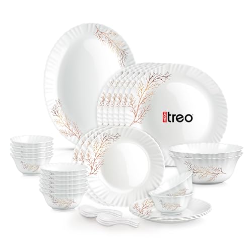 Image of Treo by Milton Opalware Aurelia Silvia Dinner Set of 33 | Serving for 6 | Microwave & Dishwasher Safe | Bone-Ash Free | Tempered Toughness | Plates, Bowls, Spoons | Crockery Set for Dining & Gifting