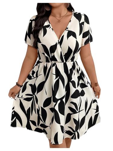 Image of Floerns Women's Plus Size Summer Vacation Wrap V Neck Short Sleeve Ruffle Hem A Line Hawaiian Short Dress