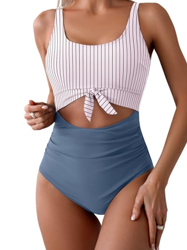 Eomenie Traje de baño de una Pieza para Mujer, Control de Abdomen, Adelgazante, Traje de baño con Nudo Recortado, Gris Azul Rayas, Large