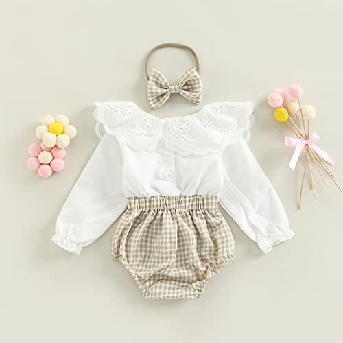 Infant Baby Girl Fall Winter Outfits Long Sleeve Romper Lapel Floral Lace Bodysuit Plaid Patchwork One-Piece Onesie (White-Lace Plaid, 6-12 Months) #TOP6