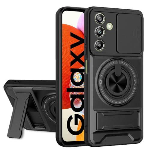 Image of AESTMO Samsung Galaxy A14 5G Back Cover | Armor Camera Slider 360 Degree Rotating Finger Ring Holder Case with Bracket Stand Back Case Cover (Compatible with MagSafe Accessories) (Black)