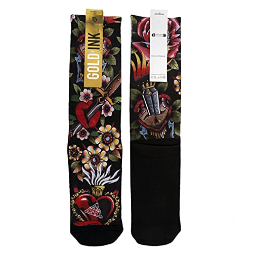 Gold ink novelty socks gift with skull-floral tattoo art print si…