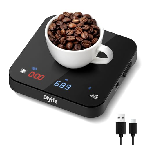Rechargeable Mini Coffee Scales with Timer Diyife Upgraded 0.1g/2kg High Precision Digital Coffee Weighing Scales with Triple Display Screen | 4 Brewing Modes for Espresso & Pour Over Auto Timing