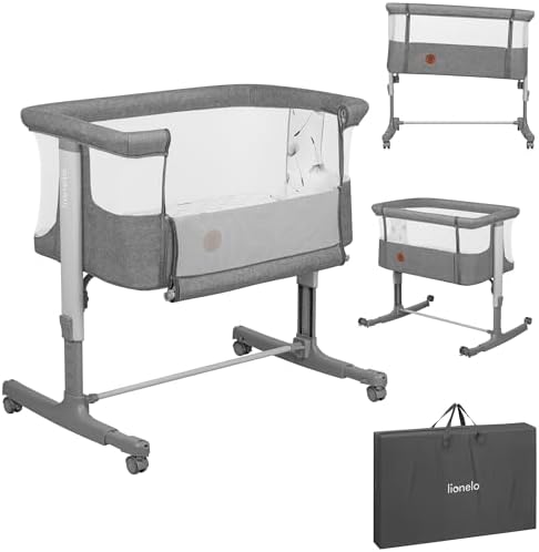 Lionelo Aurora 3 in 1 Babybett bis 9 kg, Beistellbett, Wiege | Höhenverstellug und Einstellung der Neigung der Matratze, 4 Räder mit Bremse Ergonomische Matratze Tasche