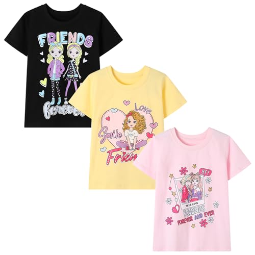 HILEELANG Girl T-Shirts Short Sleeve Graphic Tees Cotton Casual Summer Tops Shirts Packs2