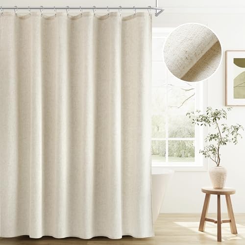 BOODII Linen Shower Curtain Neutral Linen Boho Farmhouse Shower Curtain with Hooks Morden Country Bathroom Decor Cream Beige Weighted Burlap Cloth Heavy Duty Fabric 200GSM 72x72
