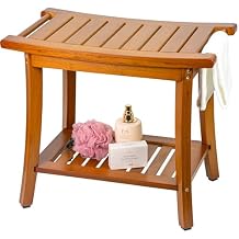Utoplike Bamboo Shower Bench with Storage, Wood Shower Stool with Handles, Bathroom Seat for Towels, Spa, Inside Shower, Brown Finish