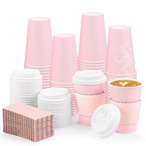 NatNarr 50 Pack Pink Coffee Cup with Lids Sleeves 12oz Insulated to Go Paper Cups Pink Party Cups Disposable Paper Cups Drinking Cups for Wedding Birthday Baby Shower Party Supplies