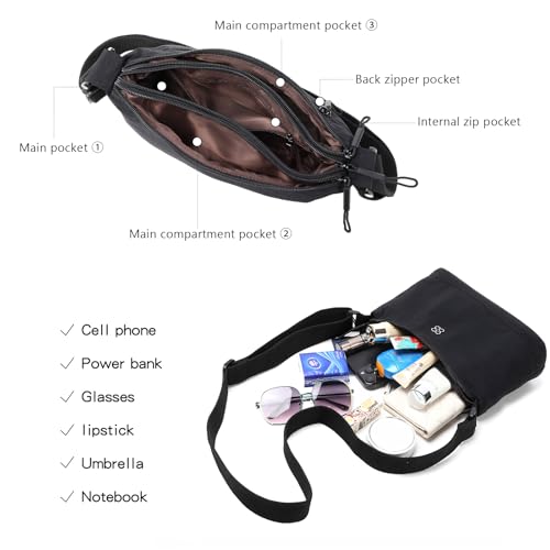 Image of Eslcorri Lightweight Nylon Crossbody Bag for Women, 3 Pocket Casual Shoulder Purse with Adjustable Strap for Travel Daily Use | Well-organized