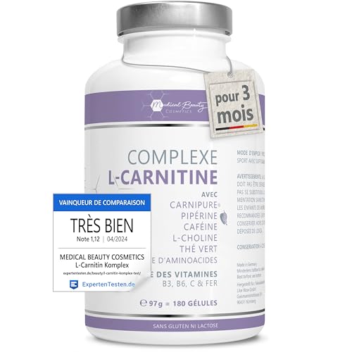 Complexe de L-Carnitine à base de Carnipure® - 180 capsules avec thé vert, caféine, l-choline et pipérine – Capsules Vegan de L-Carnitine haute dose pour un métabolisme normal