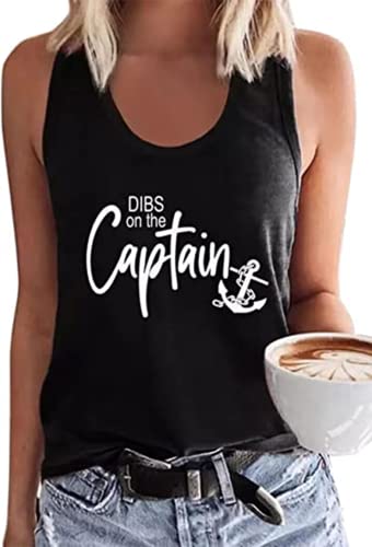 Dibs On The Captain Anchor Tank Shirt Women O Neck Loose Boat Anchor Graphic Tank Tee Beach Sleeveless Racerback Vest(Large Black)