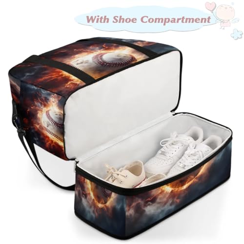Travel Duffel Bags Flame Baseball Foldable Weekender Bags for Women with Shoes Compartment Waterproof & Tear Resistant Carry on Overnight Luggage Duffel Bag Shoulder Sports Tote Bag4