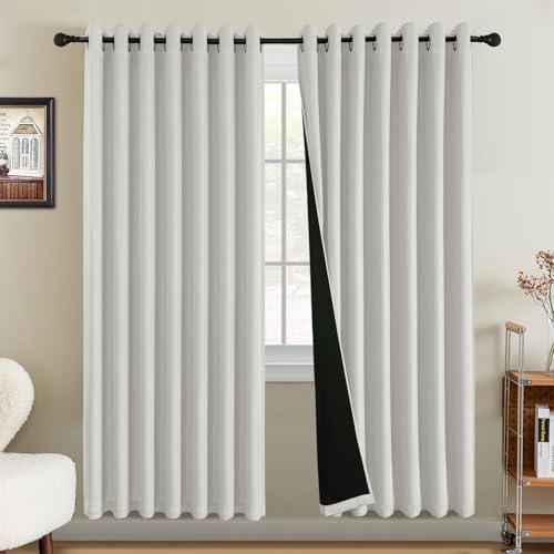 BellaHills 100% Blackout Curtains for Bedroom Thermal Faux Linen Curtain for Living Room Burlap Textured Eyelet Curtains & Drapes, 2 Panels, 90 x 90 Inch, Heather Ivory