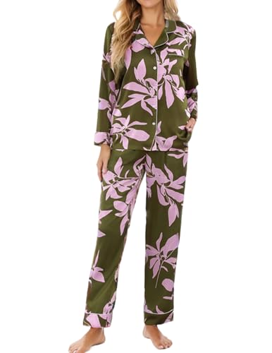Pyjama en soie pour femme anti sueurs nocturnes avec manches longues boutonnées motif feuilles