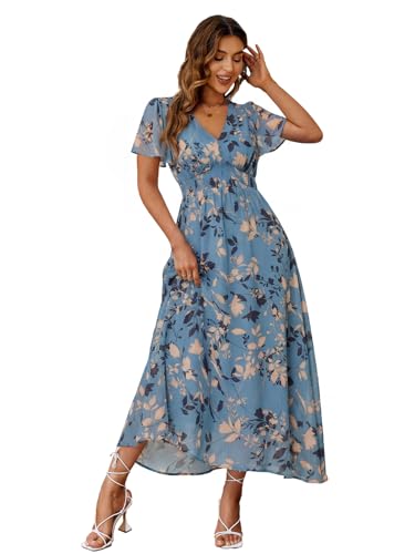 Image of Simplee Women's Boho Floral Maxi Dress Flowy Casual V Neck Short Sleeve Wedding Guest Holiday Beach Long Dress