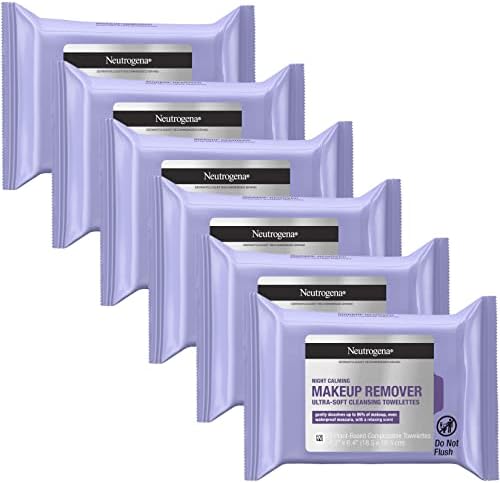 Neutrogena Night Calming Makeup Remover Face Wipes, Nighttime Cleansing Facial Towelettes Remove Sweat, Dirt & Waterproof Makeup & Calms Skin, Hypoallergenic, 100% Plant Based Cloth, 25 ct