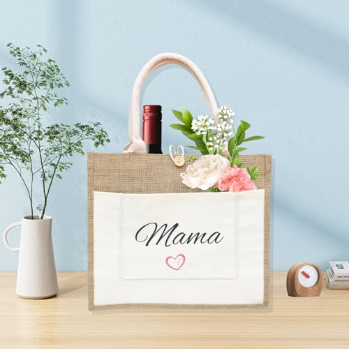 Zequech Jute-Geschenktasche für Frauen, personalisierte quadratische Stricktasche, wiederverwendbare Haken für Handtaschen, Strand Urlaub Supermarkt für Frauen Geburtstagsgeschenke