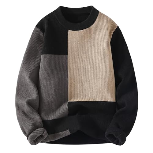 Mens Crewneck Sweater Fashion Color Block Knitted Pullover Tops Winter Long Sleeve Warm Base Layer Comfort Jumper