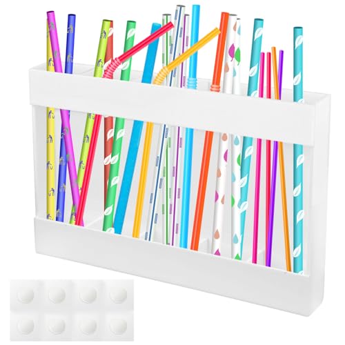 Acrylic Straw Holder Dispenser with Double Sided Adhesive Tape, Wall Mounted Straw Organizer, Reusable Tumbler Glass Drinking Storage Container Box for Counter Cabinet Cupboard Kitchen Rack(White)