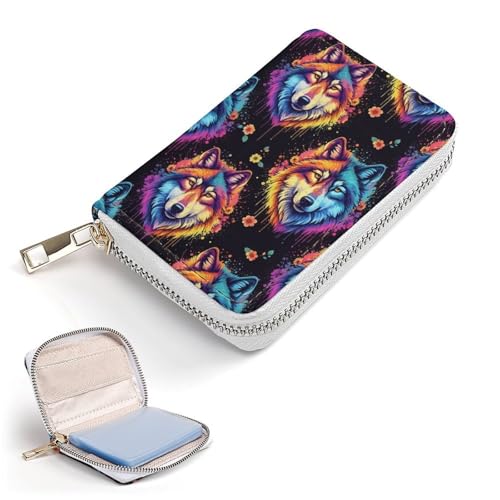 Pu Leather Zipper Slim Wallet Bag for Women, Cool Wolf Flower Art Credit Card Holder Organizer with 20 Card Slots Portable Mini Purse2