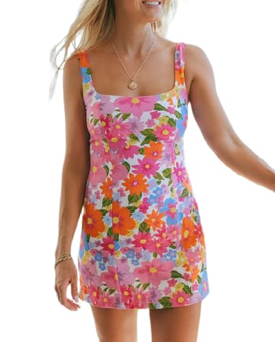 Image of ROAONOCOMO Women Boho Graffiti Cami Mini Dress Spaghetti Strap Printed A Line Short Dress Cute Colorful Sundress