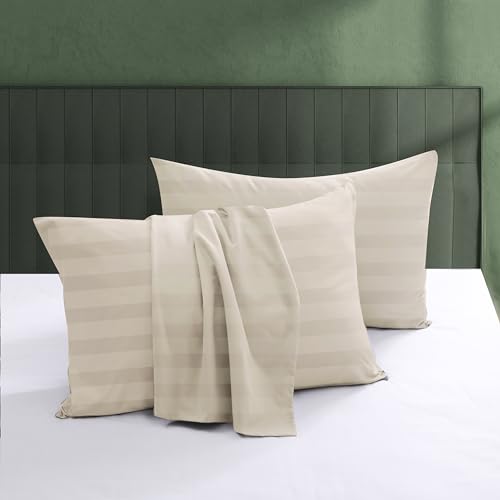 Image of 100% Egyptian Cotton Pillow Protectors Set of 4, 600 Thread Count King Size Bed Pillow Cases with Zipper, Sateen Weave Cooling Pillow Cases Quiet and Breathable Easy Care (4PCS, Stripe-Beige)