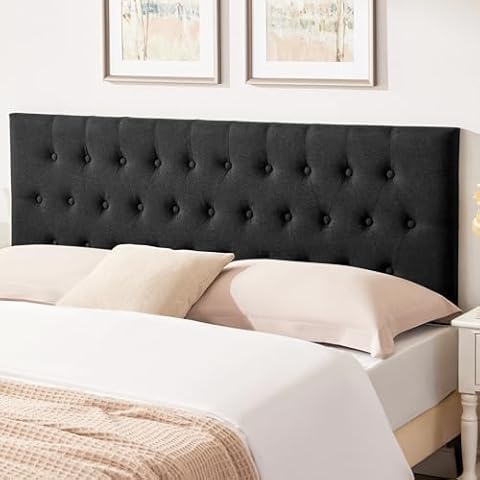 Huatean Home Upholstered Queen Headboard Only, Button Diamond Tufted Solid Wood Queen Headboard, Headboard Queen Size with Adjustable Height from 37” to 51”, Modern Fabric Head Board, Black Cover