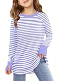 Haloumoning Girls Striped Thumb Hole Long Sleeve Shirts Kids Crewneck Tunic Tops Curved Hem Tees 5-14 Years Purple