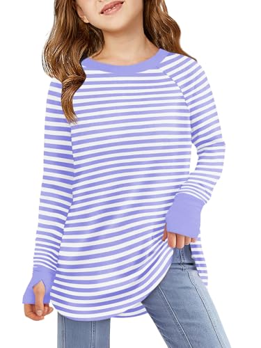Image of Haloumoning Girls Striped Long Sleeve Shirts 5-14 Years | Thumb Hole, Crewneck, girls tops,Tunic Tops, Curved Hem Tees