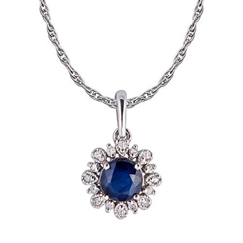 10K White Gold Genuine Round Sapphire And Diamond Vintage Style Halo Pendant Necklace #TOP11