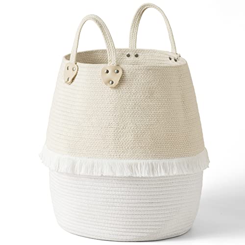 Image of LA JOLIE MUSE Rope Basket Woven Storage Basket - Laundry Basket Large 16 x 15 x 12 Inches Cotton Blanket Organizer, Baby Nursery Containers White Home Decor Gift